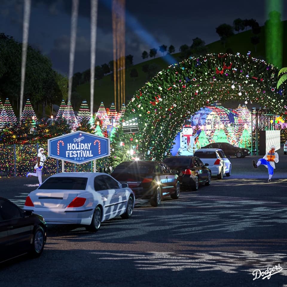 Dodgers Drive Thru Holiday Festival holiday lights near Circa apartments in Downtown Los Angeles
