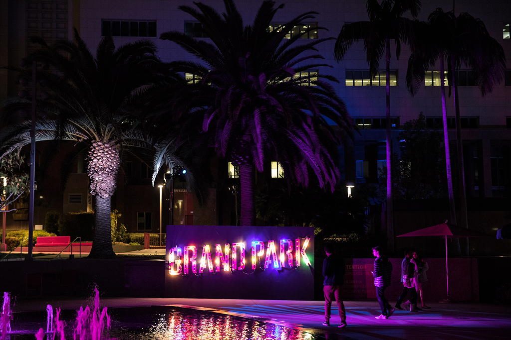 Grand Park holiday lights near Circa apartments in Downtown Los Angeles