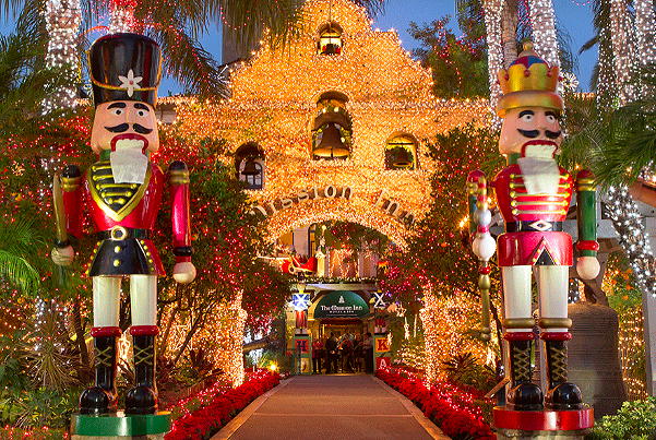 Mission Inn & Spa holiday lights near Circa apartments in Downtown Los Angeles