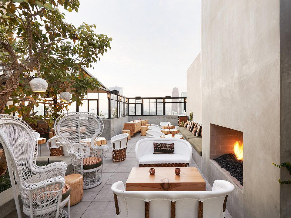 Upstairs Ace Hotel rooftop dining near Circa residences in Downtown Los Angeles