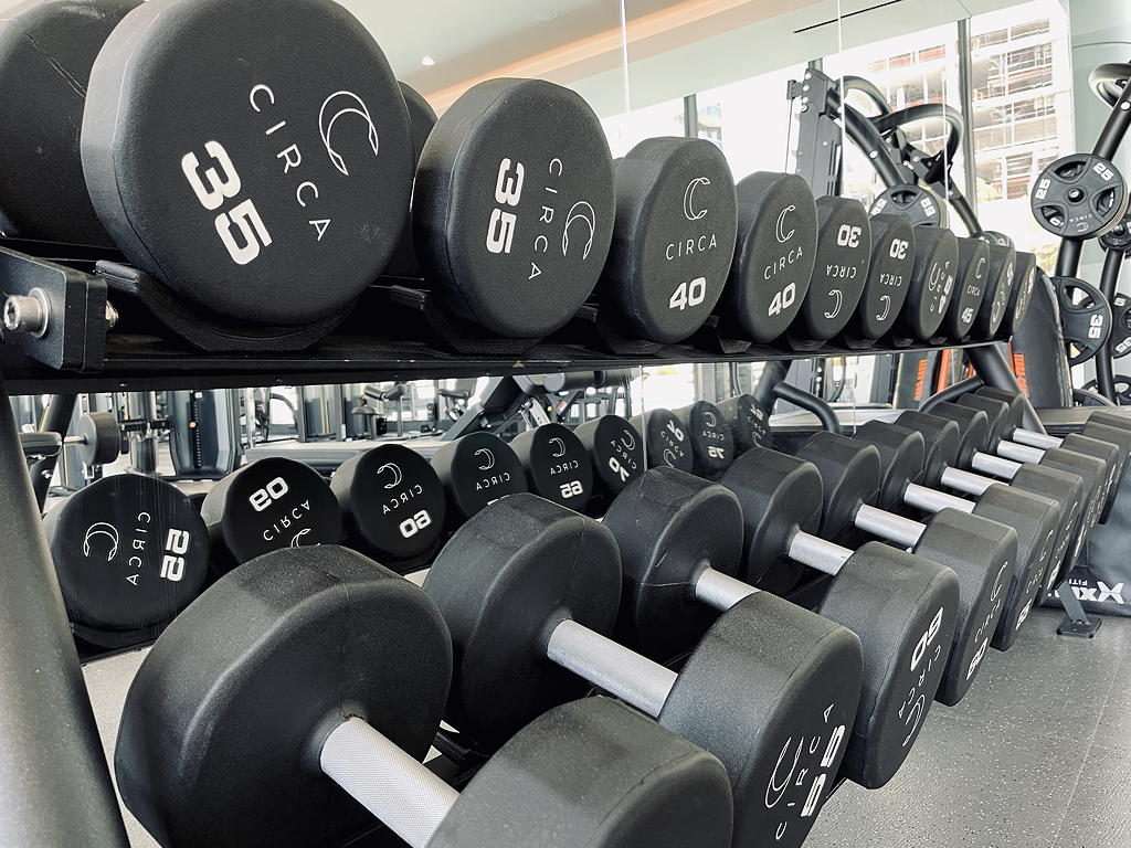 Free weights at Circa residences in downtown Los Angeles