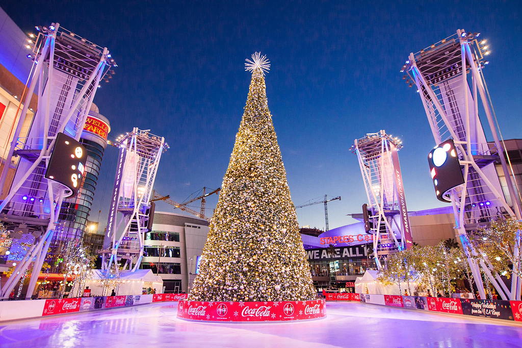 LA Kings Holiday Ice holiday lights near Circa apartments in Downtown Los Angeles