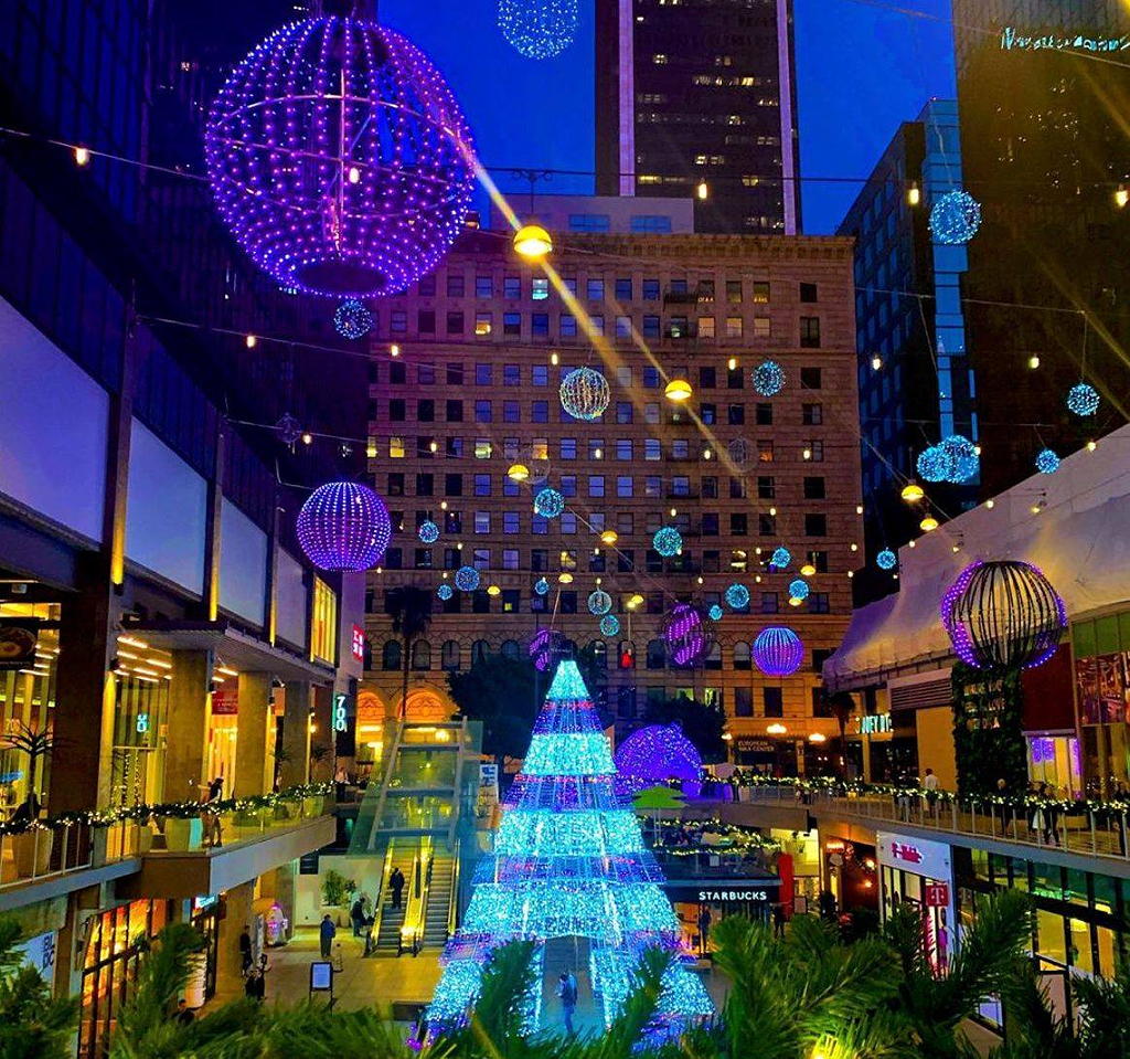 Sparkle DTLA holiday lights near Circa apartments in Downtown Los Angeles