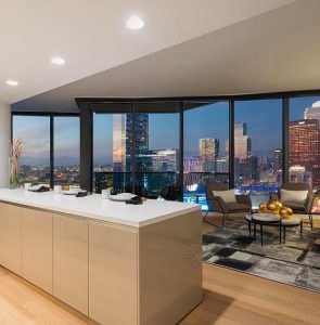 Circa kitchen island at Circa apartments in downtown Los Angeles
